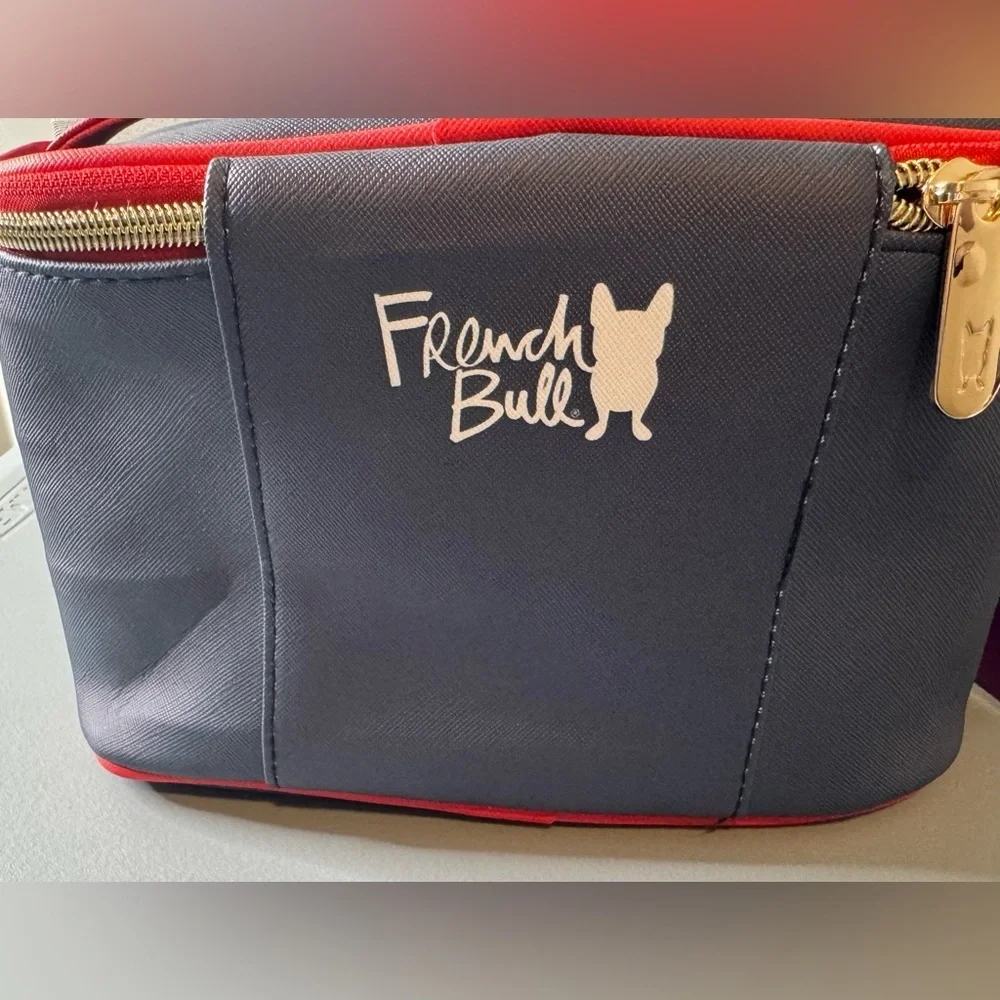 French bull Love Heart navy blue and Red Women's train case cosmetic Bag